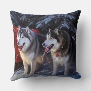 Alaskan Malamute Snowy Sleigh Riff Weihnachten Kissen