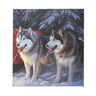 Alaskan Malamute Snowy Sleigh Riff Weihnachten Notizblock