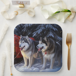 Alaskan Malamute Snowy Sleigh Riff Weihnachten Pappteller