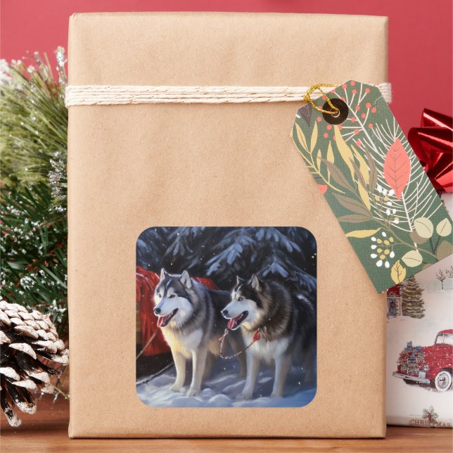 Alaskan Malamute Snowy Sleigh Riff Weihnachten Quadratischer Aufkleber (Feiertag)