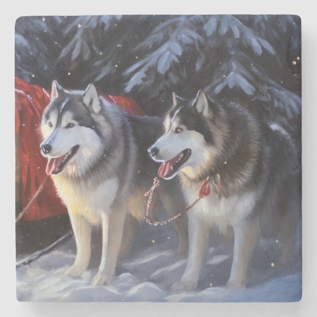 Alaskan Malamute Snowy Sleigh Riff Weihnachten Steinuntersetzer (Vorderseite)