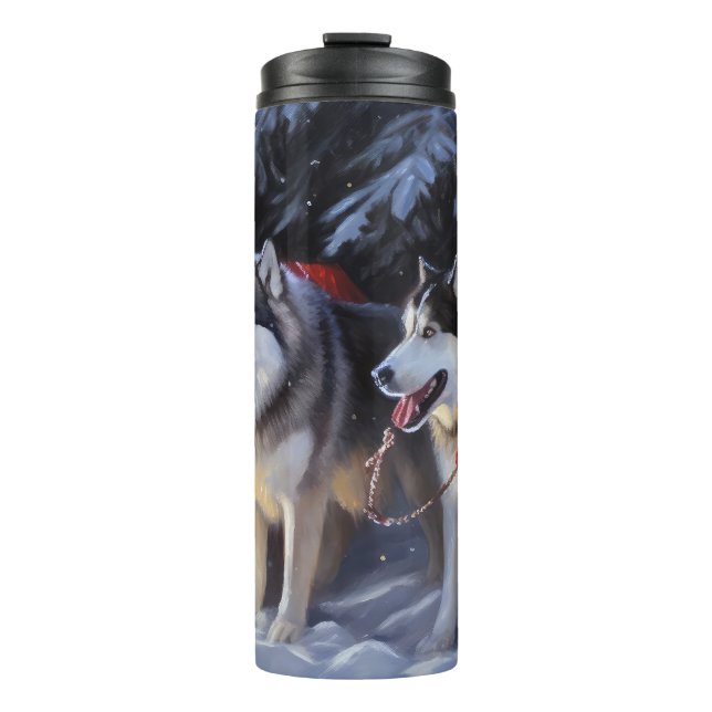 Alaskan Malamute Snowy Sleigh Riff Weihnachten Thermosbecher (Vorderseite)