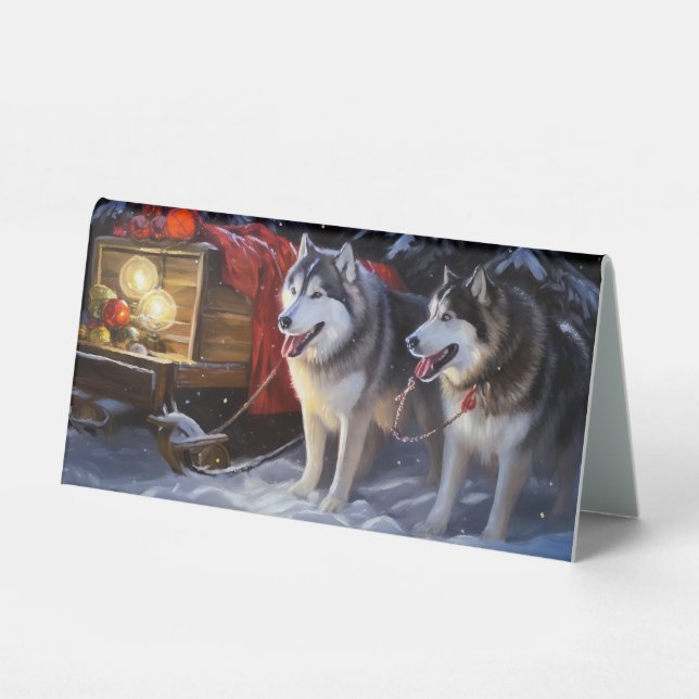 Alaskan Malamute Snowy Sleigh Riff Weihnachten Tischaufsteller (Vorderseite)