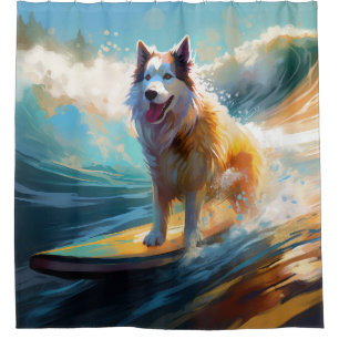 Alaskan Malamute Strand Surfen Malerei Duschvorhang