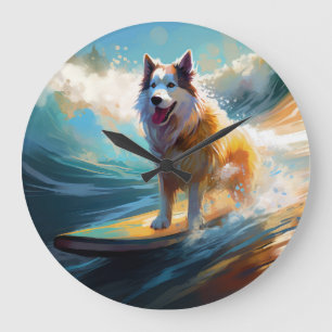 Alaskan Malamute Strand Surfen Malerei Große Wanduhr