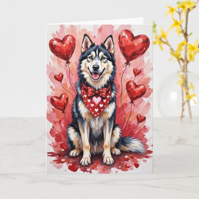 Alaskan Malamute Valentine’s Day Dog with Hearts Karte (Gelbe Blume)