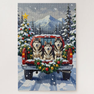 Alaskan Malamute Weihnachten Rotes Lastwagen Ferie