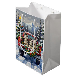 Alaskan Malamute Weihnachten Rotes Lastwagen Ferie Mittlere Geschenktüte