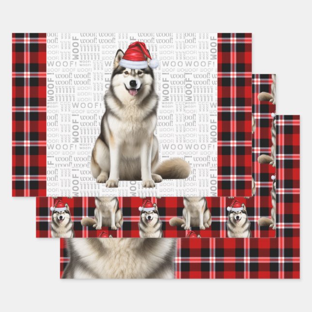 Alaskan Malamute Weihnachts-Dog Red Holiday Karier Geschenkpapier Set (Set)
