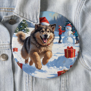 Alaskan Malamute Weihnachtsfest Schneeszene Button