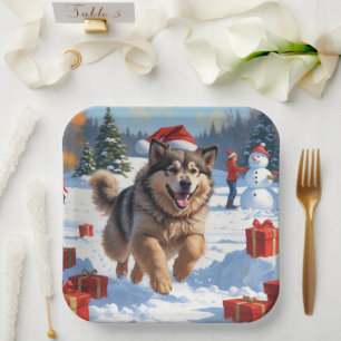 Alaskan Malamute Weihnachtsfest Schneeszene Pappteller
