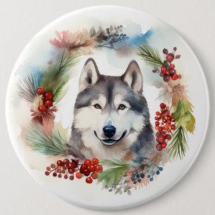 Alaskan Malamute Weihnachtskranz Festlicher Hund Button