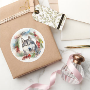 Alaskan Malamute Weihnachtskranz Festlicher Hund Runder Aufkleber