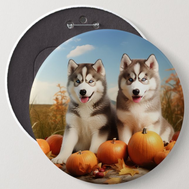 Alaskan Malamute Welpe Herbst Delight Pumpkin Button (Vorne & Hinten)