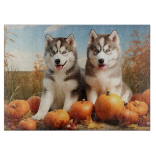 Alaskan Malamute Welpe Herbstfreude Kürbis Schneidebrett