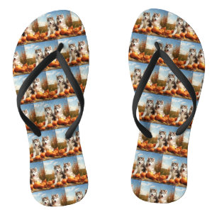 Alaskan Malamute Welpe Herbstvergnügen Kürbis Flip Flops
