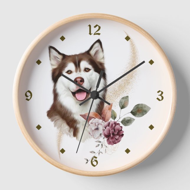 Alaskan Malamute Winter Bouquet Uhr (Vorderseite)