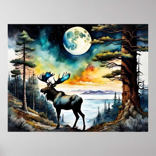 Alaskan Moose unter dem Mondlicht Poster (Vorne)