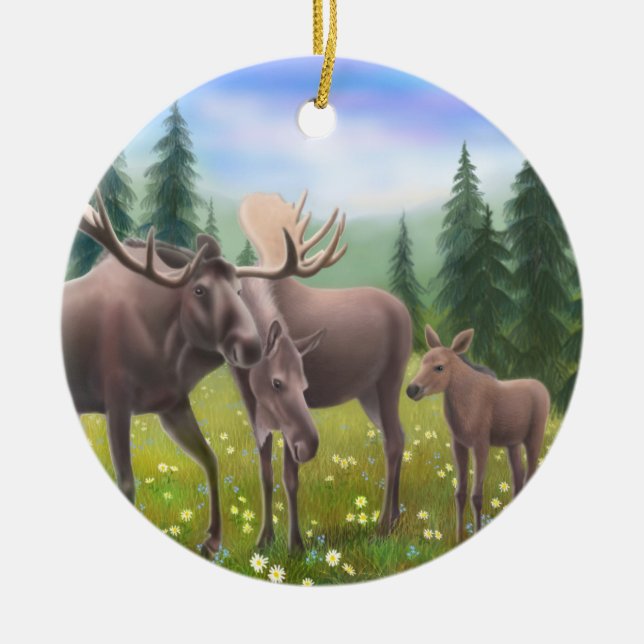 Alaskische Elch-Familien-Verzierung Keramik Ornament (Vorne)