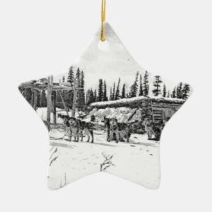 Alaskische Schlitten-Hunde stehend außerhalb eine Keramik Ornament