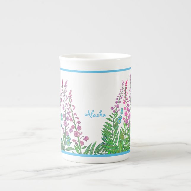 Alaskischer Fireweed und Vergissmeinnichtteeschale Prozellantasse (Vorderseite)