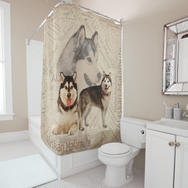 Alaskischer Malamute-Collage auf Wort-Muster Duschvorhang (Beispiel)