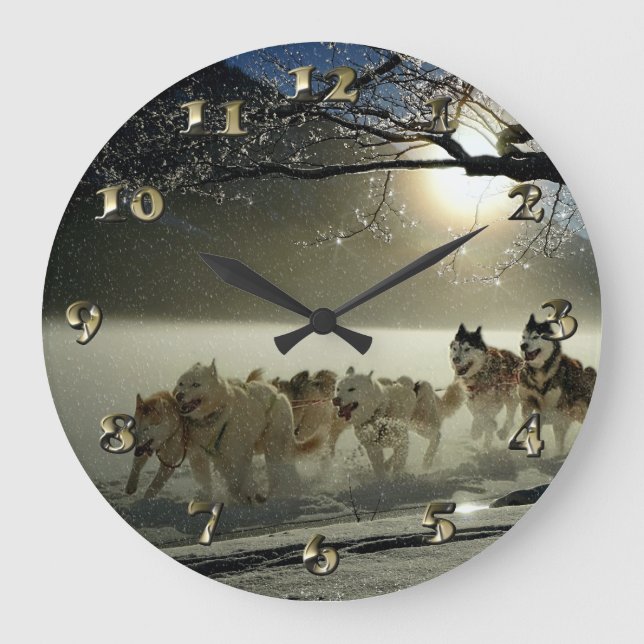 Alaskisches heiseres Hundeschlitten-Rennen Große Wanduhr (Vorderseite)
