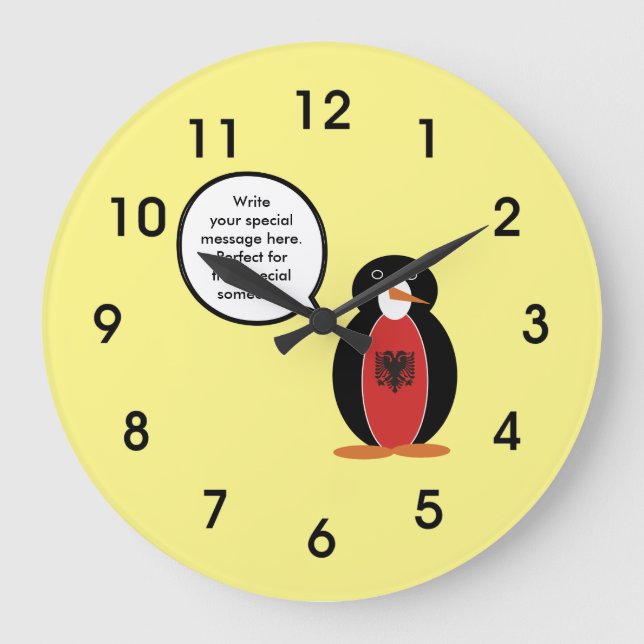 Albanian Flag Talking Ms. Penguin Large Clock Große Wanduhr (Vorderseite)