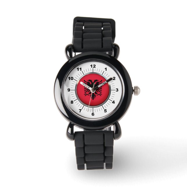 Albanienflagge: Silberner Glitzer-Strap Watch Armbanduhr (Vorderseite)