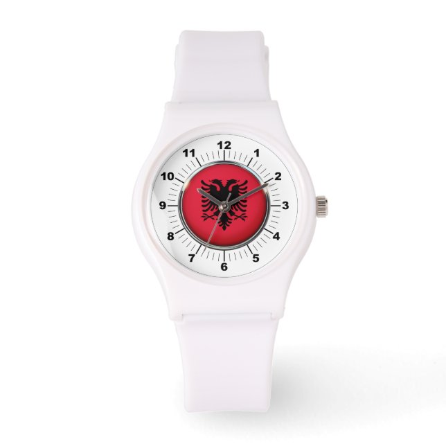 Albanienflagge Sporty White Silicon Watch Armbanduhr (Vorderseite)
