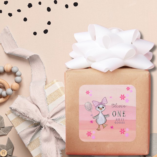 Albern Gänse 1. Geburtstag Pink Bow Quadratischer Aufkleber (Silly Goose 1st Birthday Pink Bow Square Sticker

)
