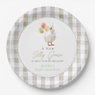 Albern Gänse Beige Gingham Baby Dusche Pappteller