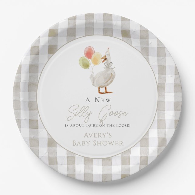 Albern Gänse Beige Gingham Baby Dusche Pappteller (Vorderseite)