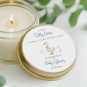 Albern Gänse Blue Bow Wildblume Boy Baby Dusche Runder Aufkleber