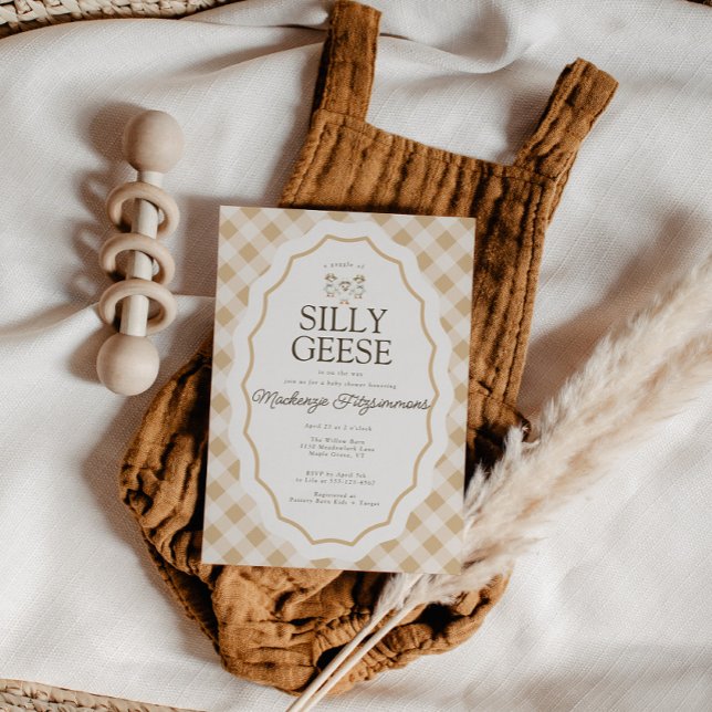 Albern Gänse Gingham Triplet Kinderdusche Einladun Einladung (Gingham Goose Baby Shower triplet invite)