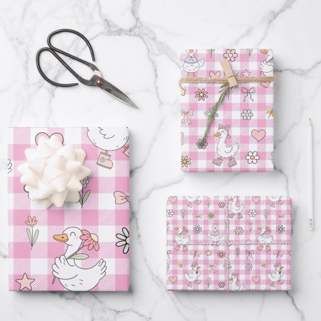 Albern Gänse Pink Gingham Birthday Geschenkpapier Set (Vorderseite)