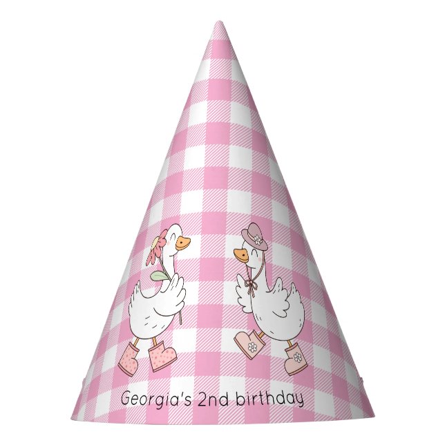 Albern Gänse Pink Gingham Birthday Partyhütchen (Vorderseite)