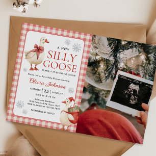 Albern Gänse Weihnachten Gingham Baby Dusche Foto Einladung