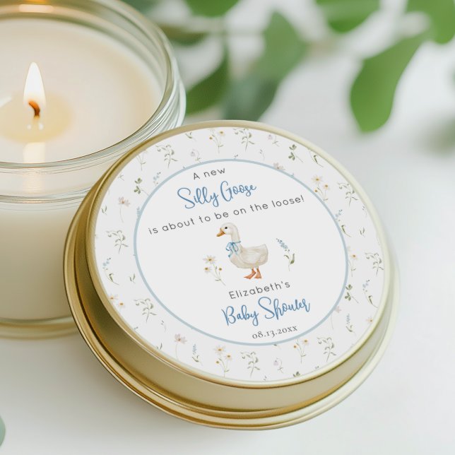 Albern Gänse Wildblume Blue Bow Baby Dusche Runder Aufkleber (Von Creator hochgeladen)