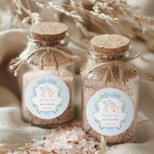 Albern Gänseblauer Bow Blumenjungen Babydusche Runder Aufkleber (Von Creator hochgeladen)