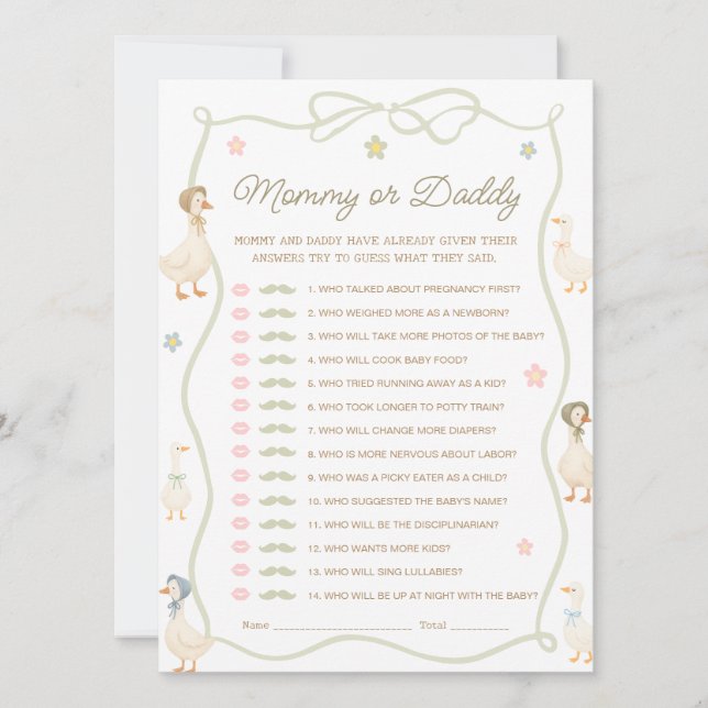 Albern Gänsehinderduschkarte Mommy oder Daddy Game Einladung (Vorderseite)