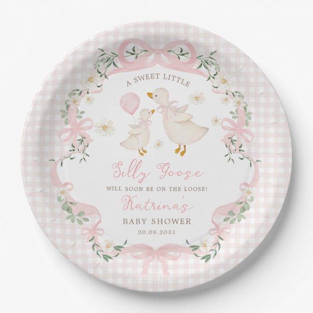 Albern Gänsepink Bow Gingham Girl Baby Dusche Pappteller (Vorderseite)