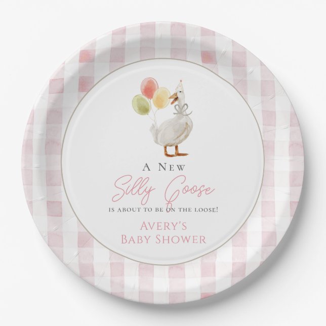Albern Gänsepink Gingham Baby Dusche Pappteller (Vorderseite)