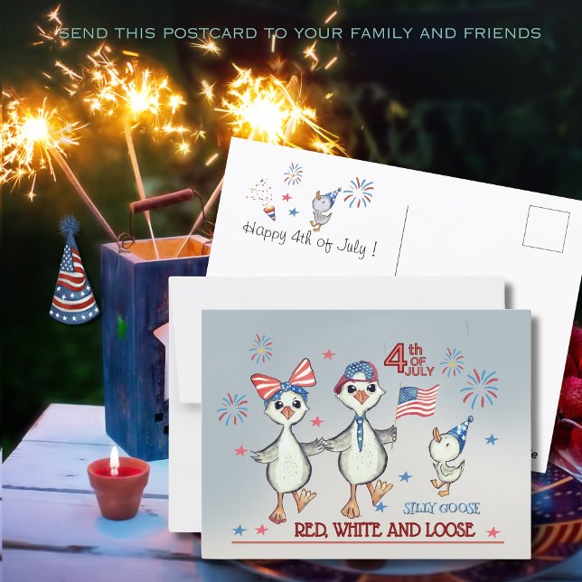 Albern Gänserfamilie Rot, Weiß & Lose 4. Juli Postkarte (Silly Goose Family Red, White & Loose 4th of July Postcard)