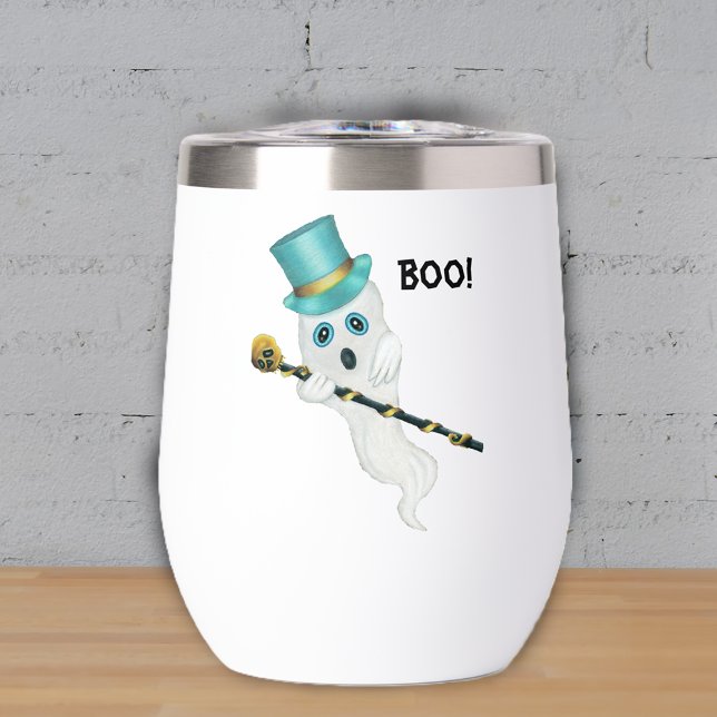 Albern Ghost Blue Eyes Top Hat Gold Skull Cane Boo (Fun white ghost blue top hat fancy black cane with gold skull on Halloween wine or drink tumbler.)