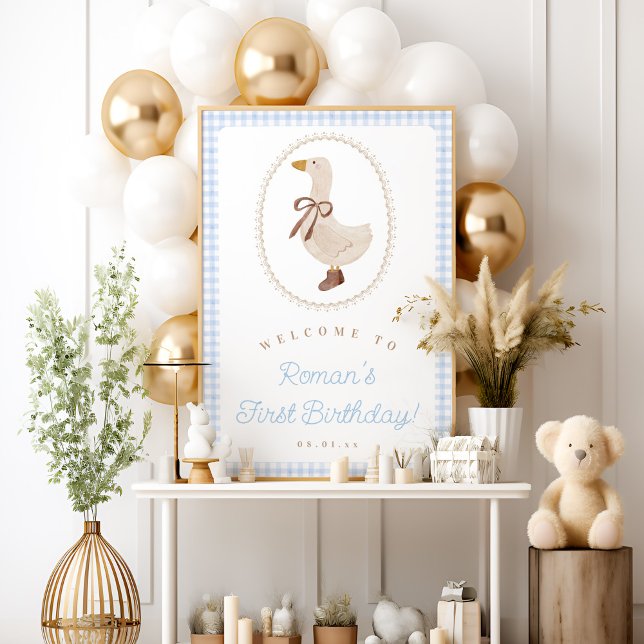 Albern Goose Blue Gingham Birthday Willkommenszeic Poster (Von Creator hochgeladen)