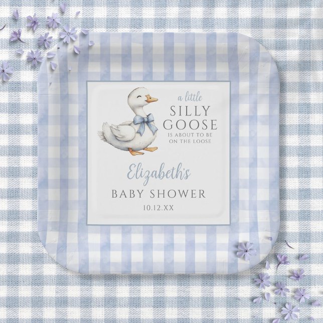 Albern Little Gose Blue Gingham Baby Dusche Pappteller (Silly Little Goose Blue Gingham Baby Shower Paper Plates)
