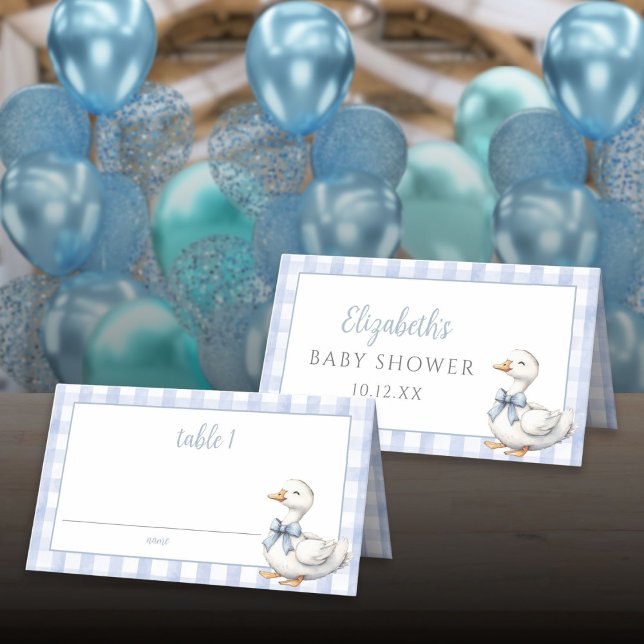 Albern Little Gose Blue Gingham Baby Dusche Platzkarte (Silly Little Goose Blue Gingham Baby Shower Place Card)