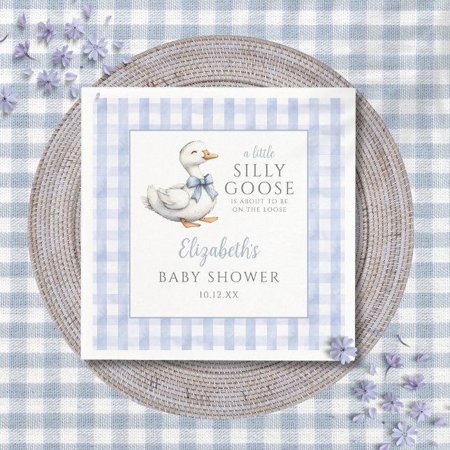 Albern Little Gose Blue Gingham Baby Dusche Serviette (Silly Little Goose Blue Gingham Baby Shower Napkins)