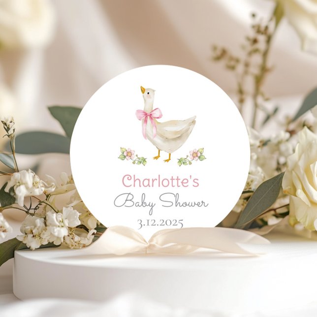 Alberne Gans auf der losen Pink Bow Baby Dusche Runder Aufkleber (Von Creator hochgeladen)